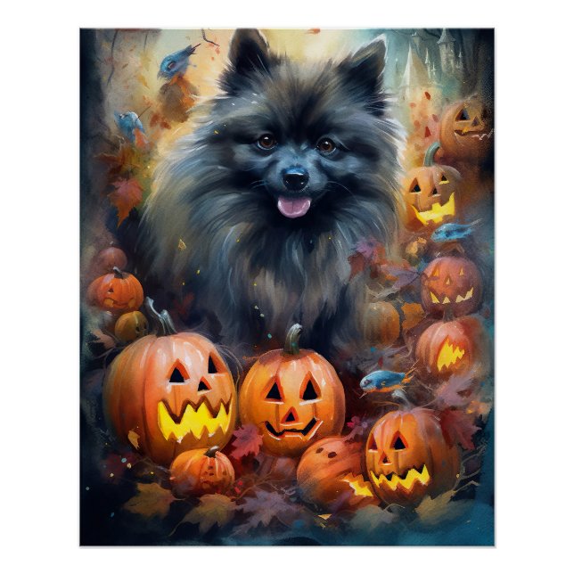 Halloween Keeshond mit Pumpkins Beängstigend Poster (Vorderseite)