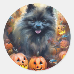 Halloween Keeshond mit Pumpkins Beängstigend Runder Aufkleber