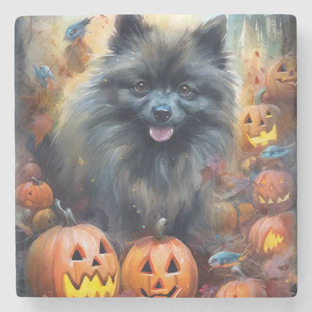 Halloween Keeshond mit Pumpkins Beängstigend Steinuntersetzer (Vorderseite)