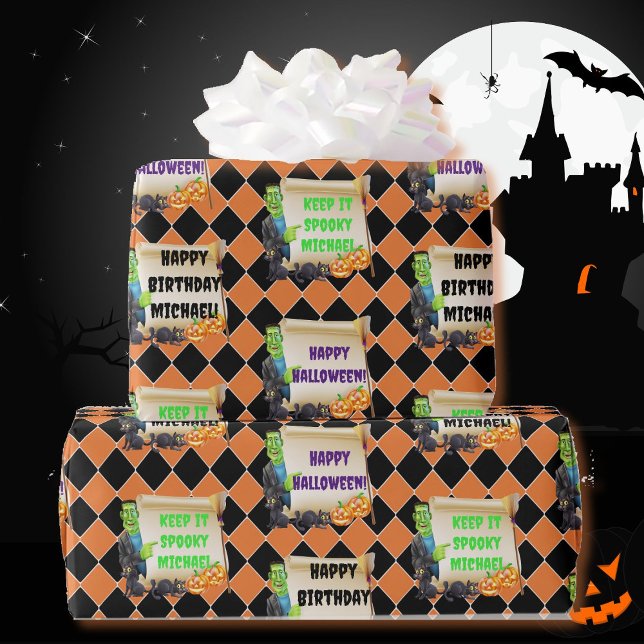 Halloween Kids Name Frankenstein Geburtstag Custom Geschenkpapier (Von Creator hochgeladen)