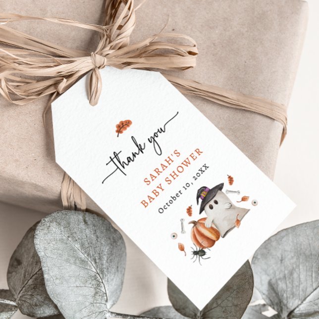 Halloween-Kinderdusche Geschenkanhänger (A Little Boo Is Almost Due Baby Shower Gift Tag Halloween Ghost Pumpkin)