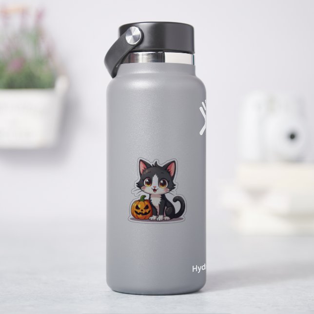 Halloween Kitten - Schwarzer und Weißer Chibi Aufkleber (HydroFlask)