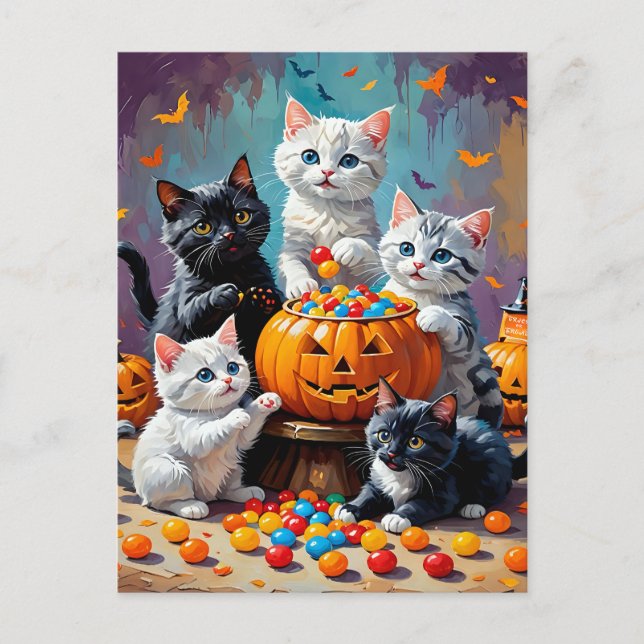 Halloween Kittens und Pumpkin Candy Bowl Postkarte (Vorderseite)