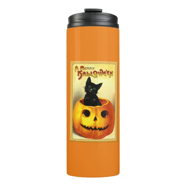 Halloween Kitty sitzt in der Kürbislaterne Thermosbecher (Vorderseite)