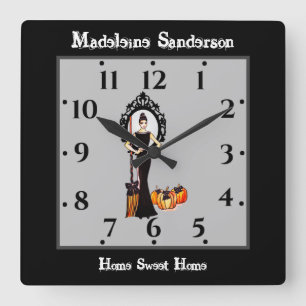 Halloween Klassiker Elegante Hexe Schwarzes Kleid Quadratische Wanduhr