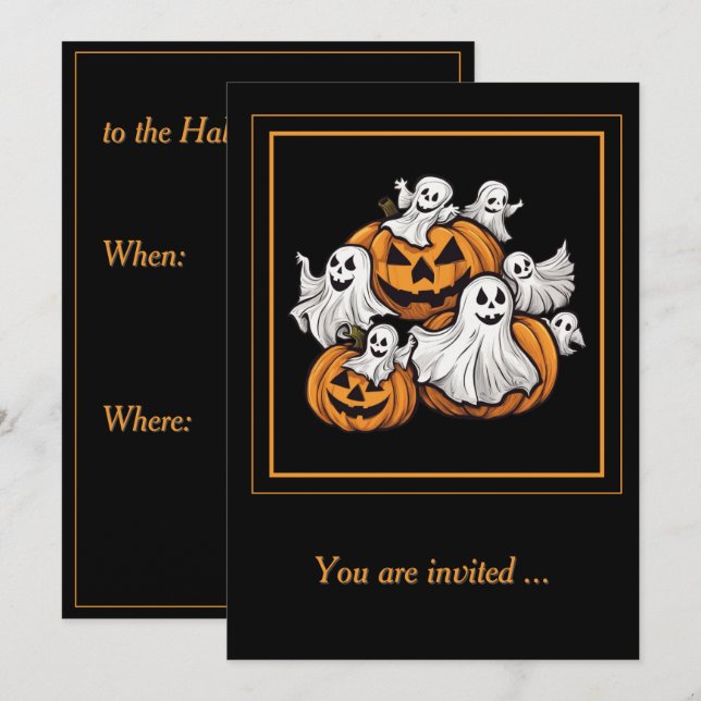 Halloween: Kleine Geister mit Kürbissen -  Einladung (Vorne/Hinten)