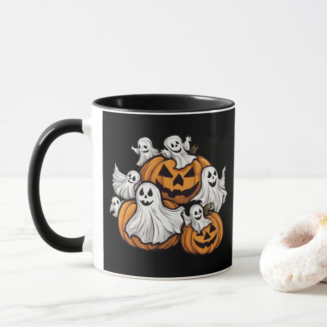 Halloween: Kleine Geister mit Kürbissen -  Tasse (Mit Donut)