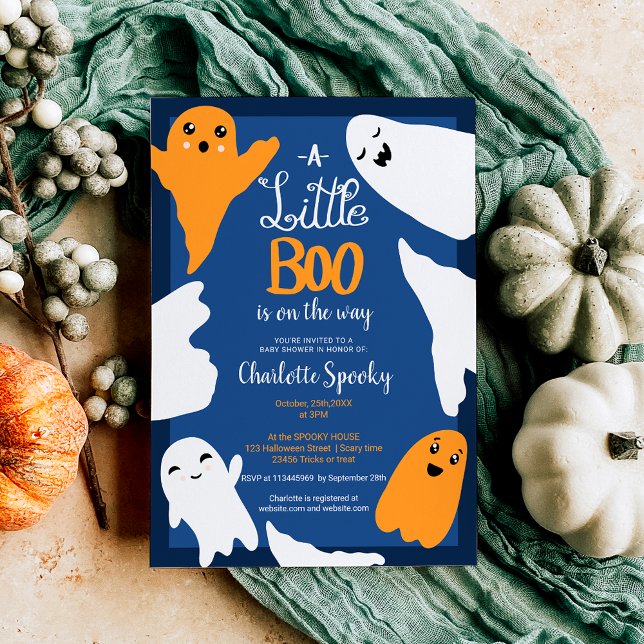 Halloween kleine orangefarbene Geisterdusche Einladung (Halloween little boo orange ghosts baby shower invitation)
