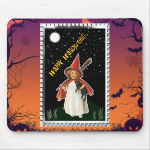 Halloween - Kleines Mädchen mit Besen und schwarze Mousepad