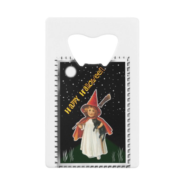 Halloween - Kleines Mädchen mit Broom und schwarze Geldbeutel Flaschenöffner (Vorderseite)