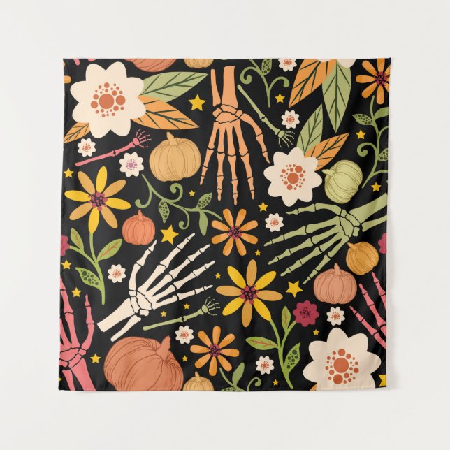 Halloween Knochen, blühendes nahtloses Muster. Wandteppich (Vorderseite)