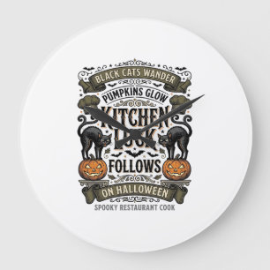 Halloween-Kochen-Shirt Vintage-Schwarze Katze Kürb Große Wanduhr