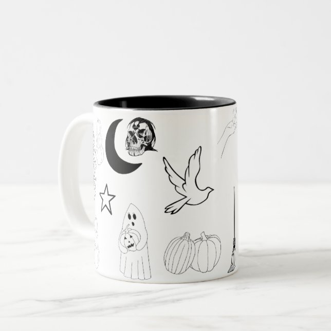 Halloween Kontur Name Spooky Zweifarbige Tasse (Vorderseite Links)