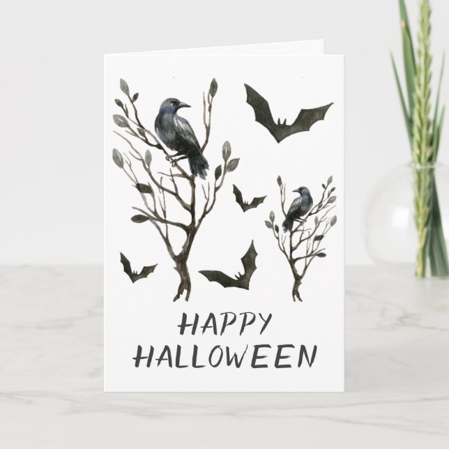 Halloween kräht Schläger-Schwarzweiss-Aquarell Karte (Vorderseite)