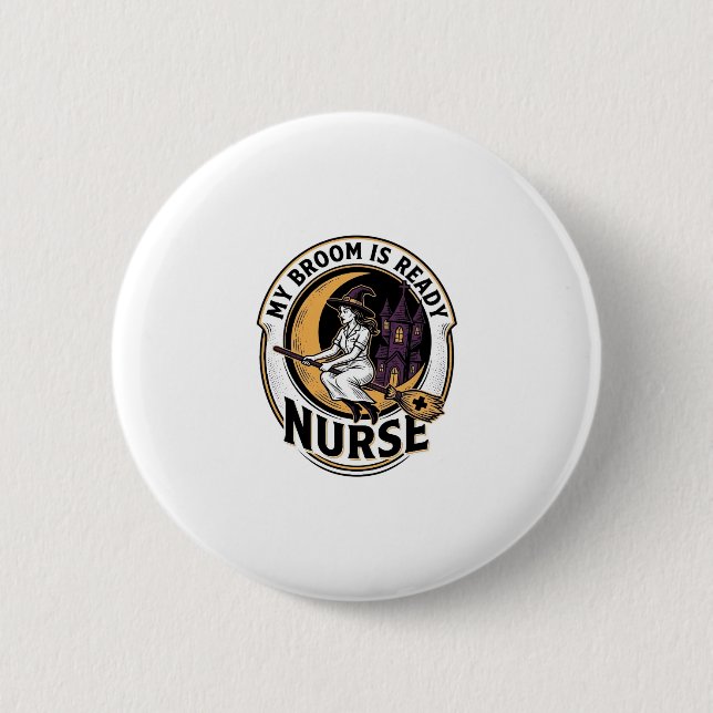 Halloween-Krankenschwester-Shirt Vintage-Hexenbese Button (Vorderseite)