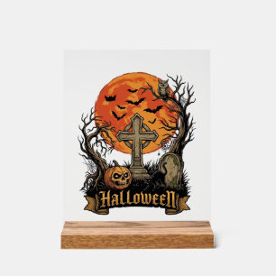 Halloween Kreuz Grabstein Totenkopf Kürbis Schwarz Acrylschild
