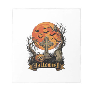 Halloween Kreuz Grabstein Totenkopf Kürbis Schwarz Notizblock