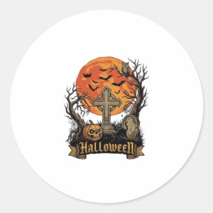 Halloween Kreuz Grabstein Totenkopf Kürbis Schwarz Runder Aufkleber