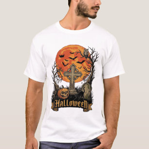 Halloween Kreuz Grabstein Totenkopf Kürbis Schwarz T-Shirt