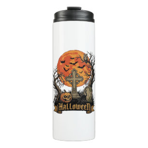 Halloween Kreuz Grabstein Totenkopf Kürbis Schwarz Thermosbecher