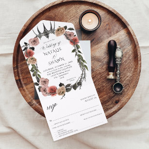 Halloween-Krone Rosa & Schwarze Blumige Hochzeit All In One Einladung