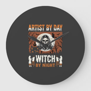 Halloween-Künstler bei Tag, Hexe bei Nacht Design Große Wanduhr
