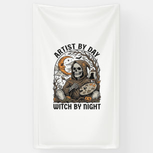 Halloween-Künstlerin Hexe Vintage-Stich Kunst-T-Sh Banner