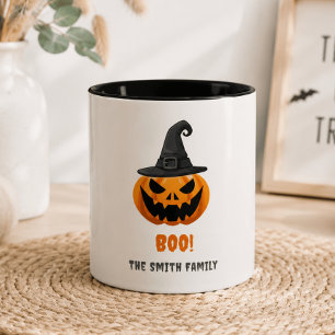 Halloween-Kürbis „BUH!“ – Personalisierter Name Zweifarbige Tasse