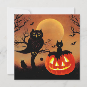 Halloween Kürbis, Eule und Katze bei Nacht. Karte