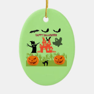Halloween Kürbis, Fledermäuse, beängstigender Baum Keramik Ornament