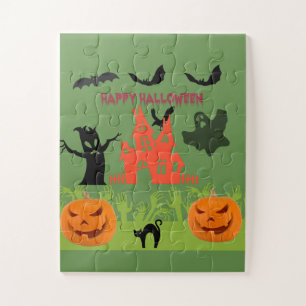 Halloween Kürbis, Fledermäuse, beängstigender Baum Puzzle
