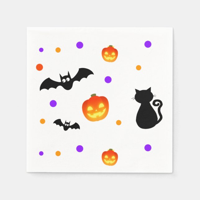 Halloween Kürbis, Fledermäuse und Katze auf Weiß Serviette (Vorderseite)