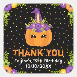 Halloween-Kürbis-Geburtstag-Schwarz-Danke-Quadrat Quadratischer Aufkleber