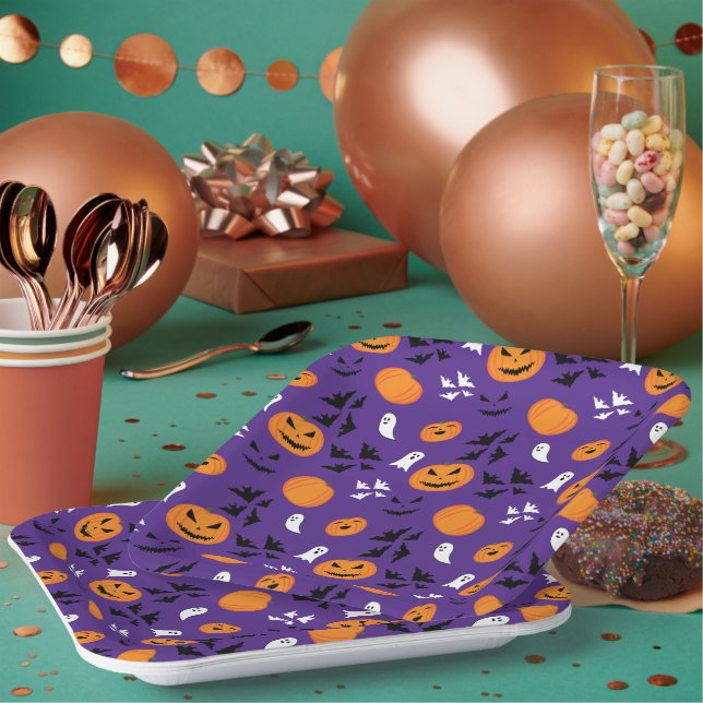 Halloween Kürbis Gespenster Fledermäuse lila Muste Pappteller (Multi)