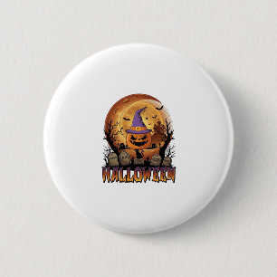 Halloween-Kürbis-Hexenhut-Schwarze Katze Vollmond_ Button