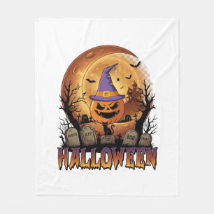 Halloween-Kürbis-Hexenhut-Schwarze Katze Vollmond_ Fleecedecke