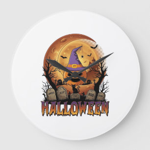 Halloween-Kürbis-Hexenhut-Schwarze Katze Vollmond_ Große Wanduhr