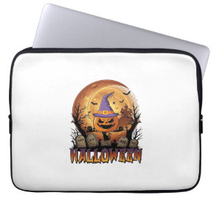 Halloween-Kürbis-Hexenhut-Schwarze Katze Vollmond_ Laptopschutzhülle