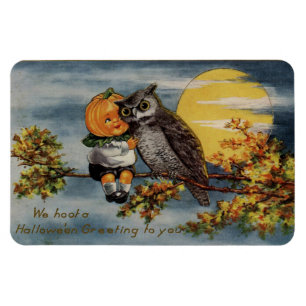 Halloween-Kürbis-Junge-Eule-Baumzweig-Mond-Vintage Magnet