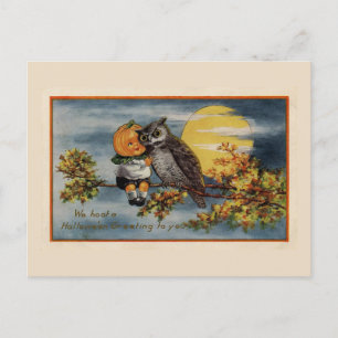 Halloween-Kürbis-Junge-Eule-Baumzweig-Mond-Vintage Postkarte