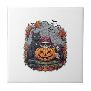 Halloween-Kürbis-Katze-Totenkopf-Sense-Autumn-Laub Fliese