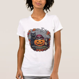 Halloween-Kürbis-Katze-Totenkopf-Sense-Autumn-Laub T-Shirt