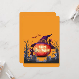 Halloween-Kürbis, Katzen und Hexenhut Einladung