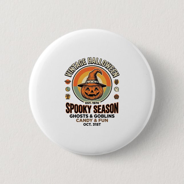Halloween-Kürbis Lustiger Vintage-Hexenhut_1 Button (Vorderseite)