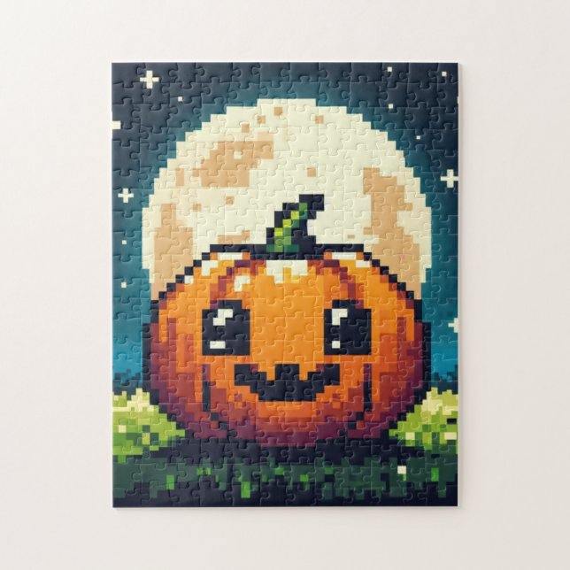 Halloween-Kürbis mit 8 bit unter dem Mond Puzzle (Vertikal)