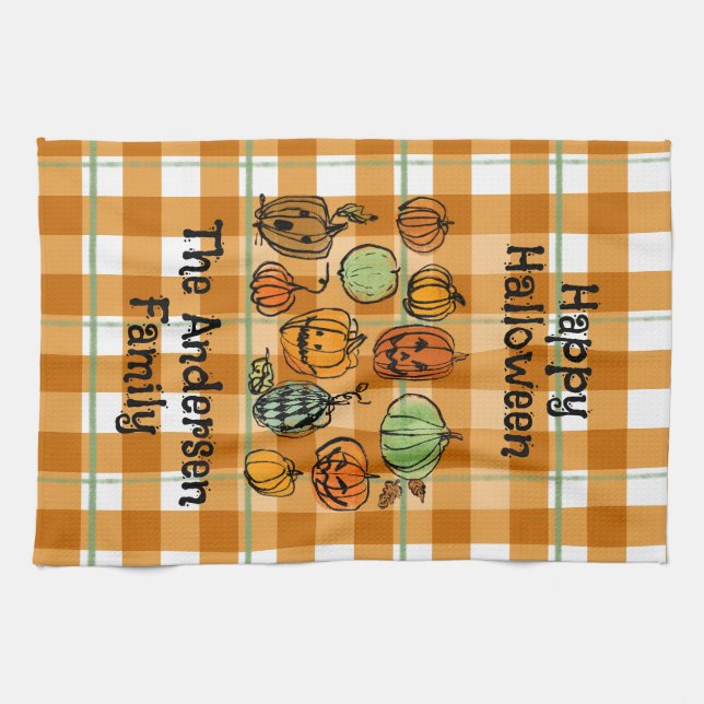 Halloween-Kürbis niedlicher Gingham Geschirrtuch (Horizontal)