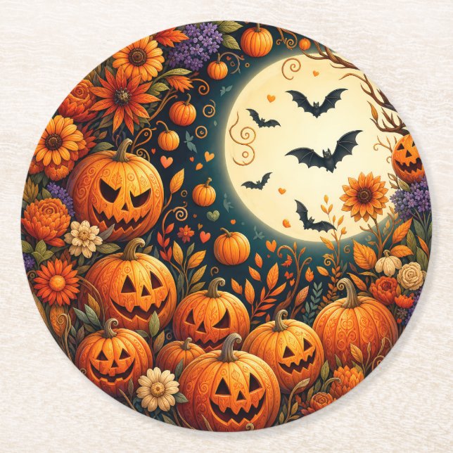 Halloween-Kürbis-Papieruntersetzer Runder Pappuntersetzer (Vorderseite)