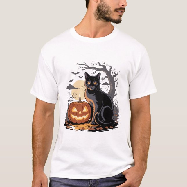 Halloween-Kürbis schwarze Katze T-Shirt (Vorderseite)