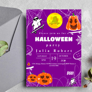Halloween-Kürbis-Skateboard lila Einladung