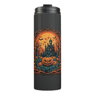 Halloween-Kürbis-Spukhaus Vollmond Fledermäuse Thermosbecher
